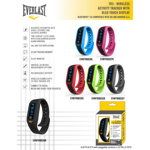 Everlast Wireless Grey Fitness Activity Waterproof Tracker W/ OLED Display / Sleep TR3 Monitor Watch