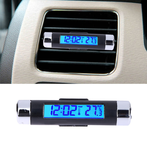 Car Thermometer Clock Calendar Auto LCD Digital Blue Light Temperature Guage Automotive Air Outlet Thermograph w/ Clip Accessory