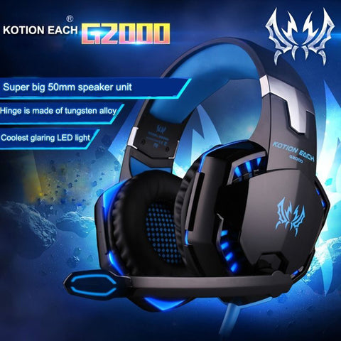 EACH G2000 LED Lighting 3.5mm Stereo Gaming Over-Ear Headphone Headset with Mic for PC Computer Game with Noise Canelling Blue